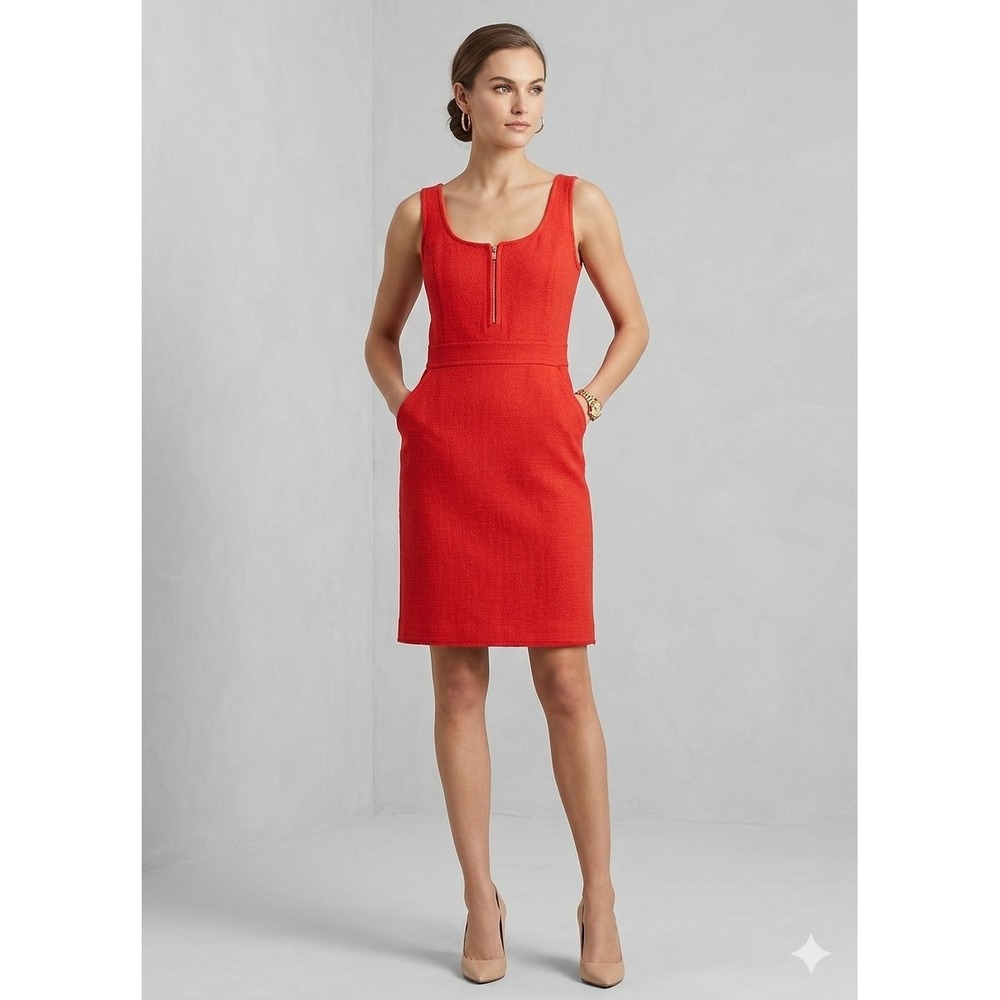 Tory Burch Sheath Dress‎ SZ 14 Orange Pockets Textured Sleeveless